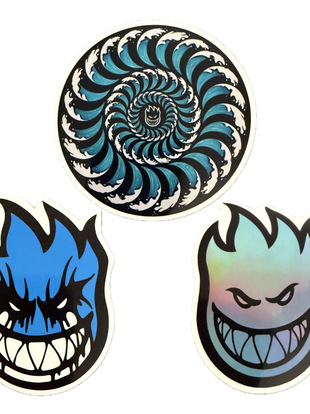 Spitfire Style Skateboard Stickers Lot of 3 Blue Flame Faces Wave Spiral